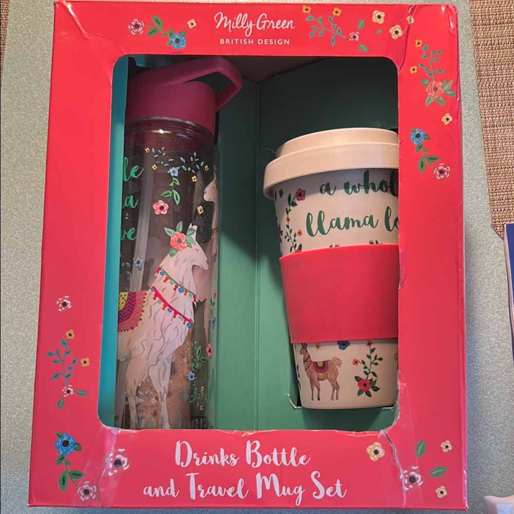 Llama Design Drinks Bottle and Travel Mug Set - Pink and Cream